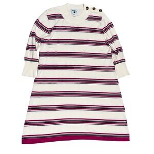 Haley and the‎ Hound Striped Sweater Dress Button Shoulder Cream Pink Navy L EUC